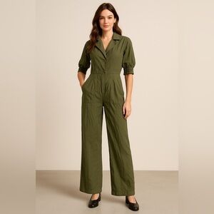 NWT! Badgley Mischka Wide Leg Jumpsuit Biscuit Olive Green Medium Pockets Office
